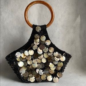 Black mother of pearl mini  bag purse handbag round lucite handle cruise Florida